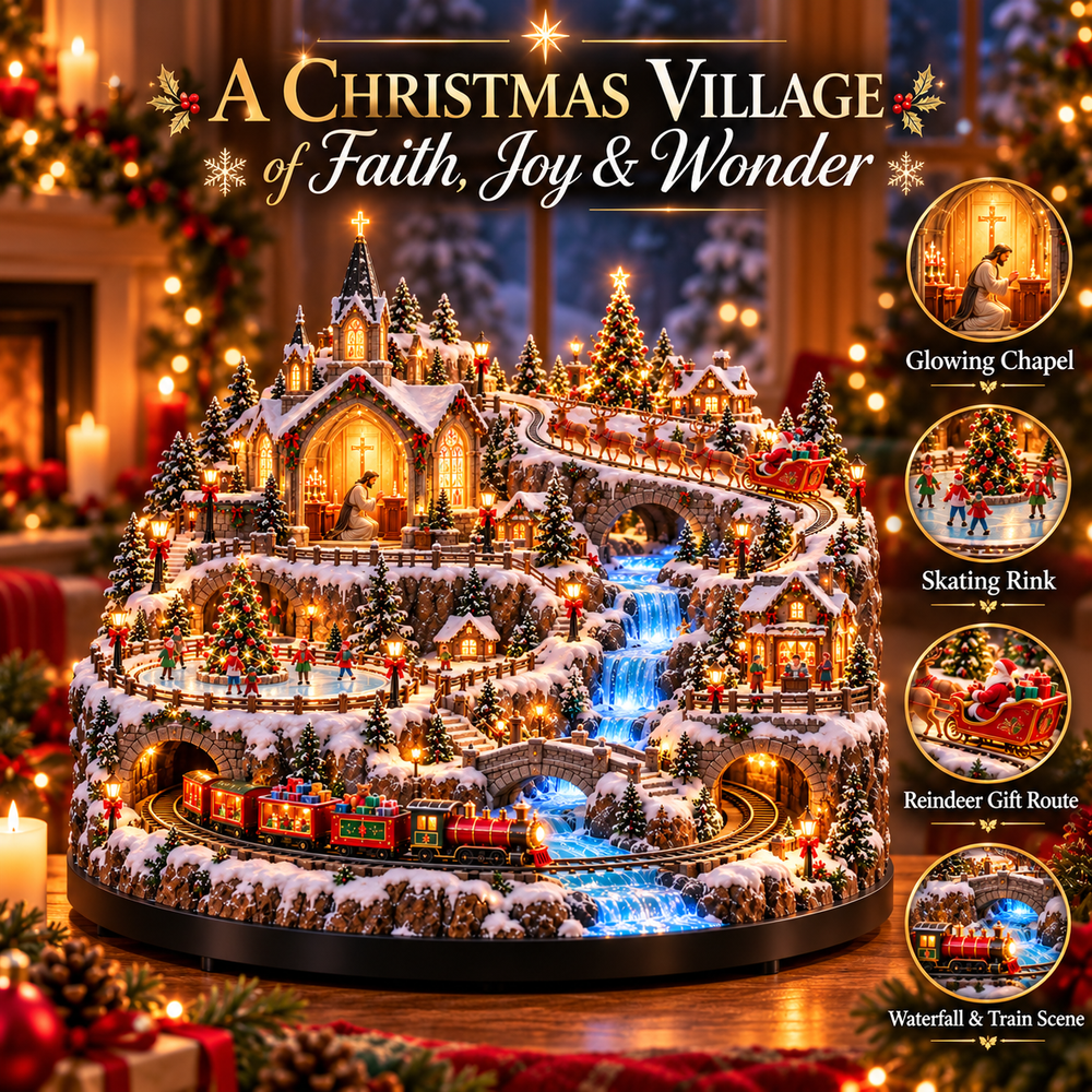 Christmas village feature overview showing chapel, skating rink, reindeer gift route and train waterfall scene