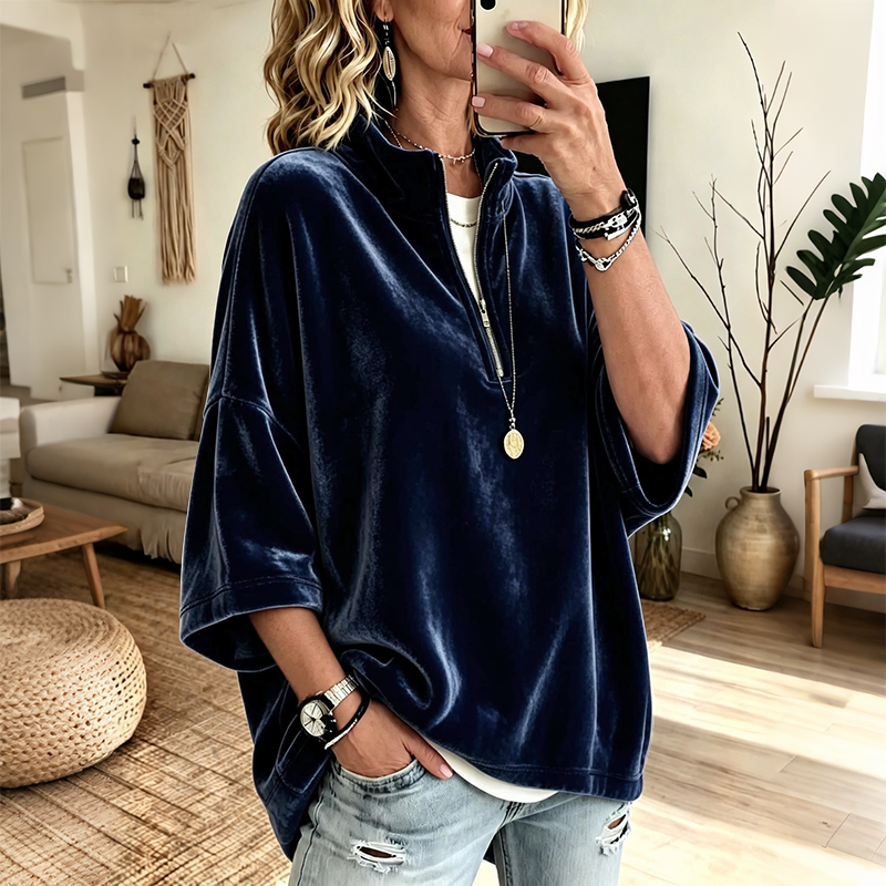 Women's Velvet Oversized Pullover Half Zip 3/4 Sleeve