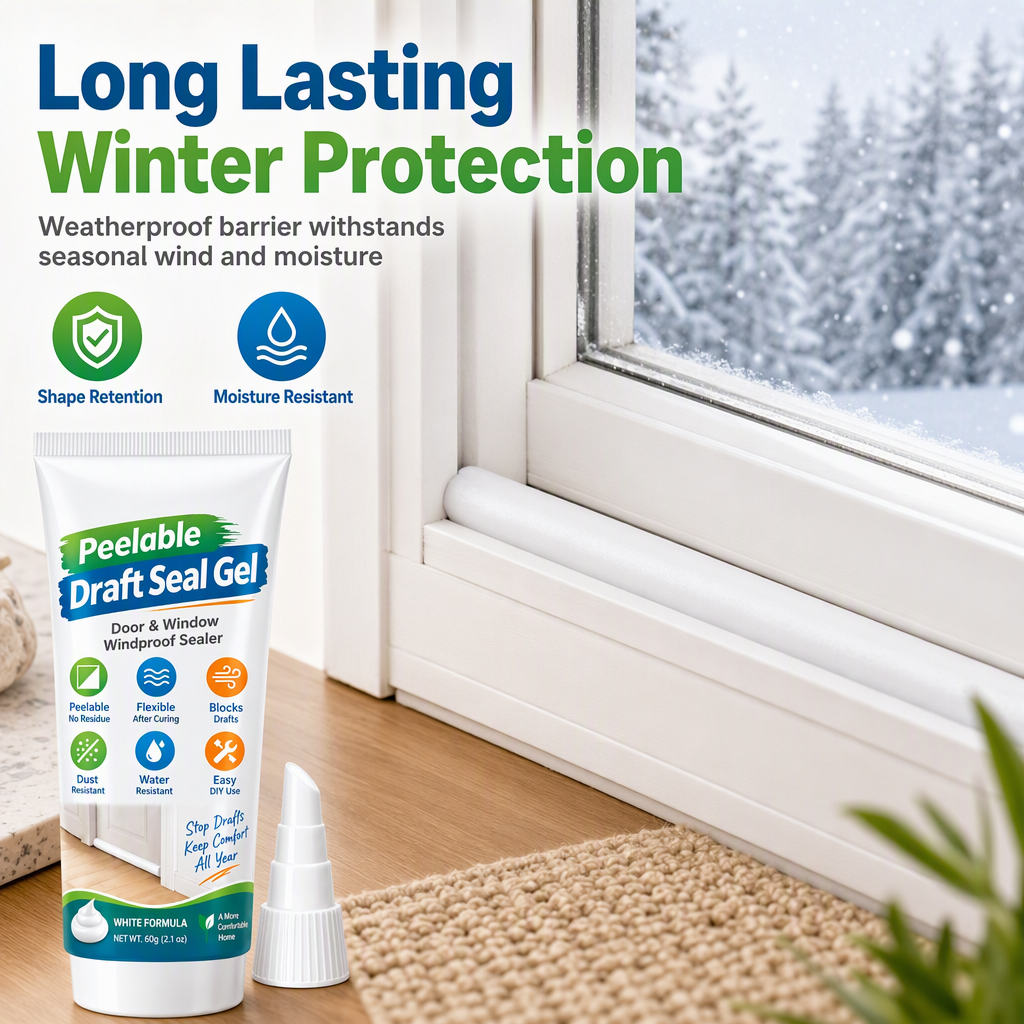 White peelable draft sealant beside a sealed window on a snowy day