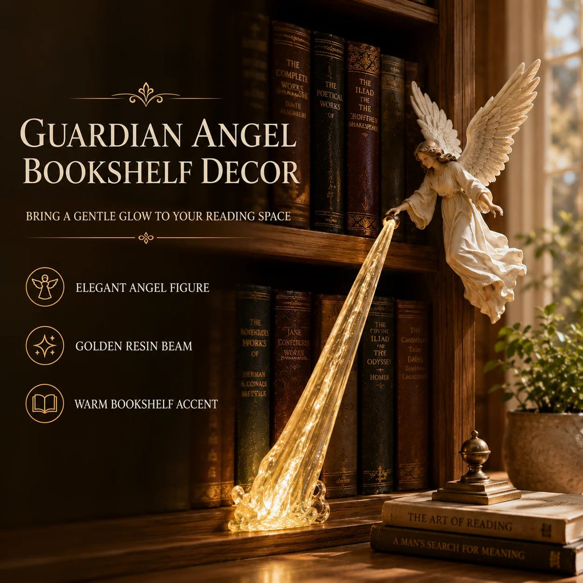 🕊️ Guardian Angel Bookshelf Light | Peaceful Angel Figurine with Warm Golden Beam for Reading Corners, Shelves & Meaningful Gifts ✨
