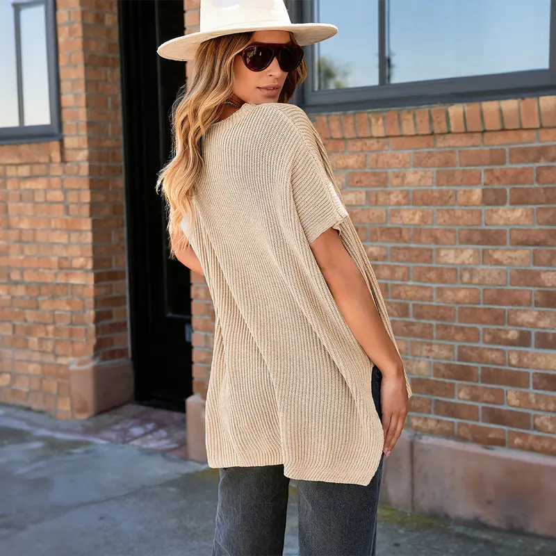 Women's Oversized Puff Sleeve Knit Pullover Round Neck Side Slit Casual