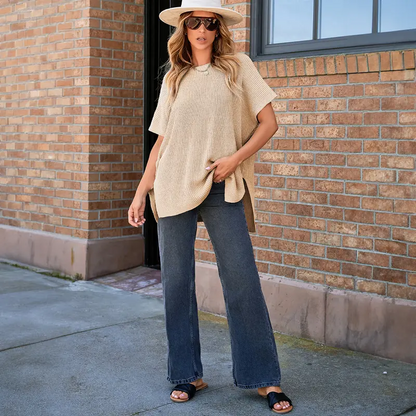 Women's Oversized Puff Sleeve Knit Pullover Round Neck Side Slit Casual