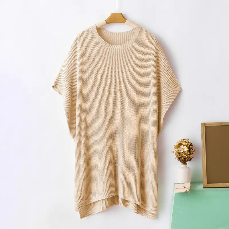 Women's Oversized Puff Sleeve Knit Pullover Round Neck Side Slit Casual