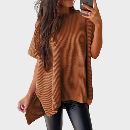 Women's Oversized Puff Sleeve Knit Pullover Round Neck Side Slit Casual