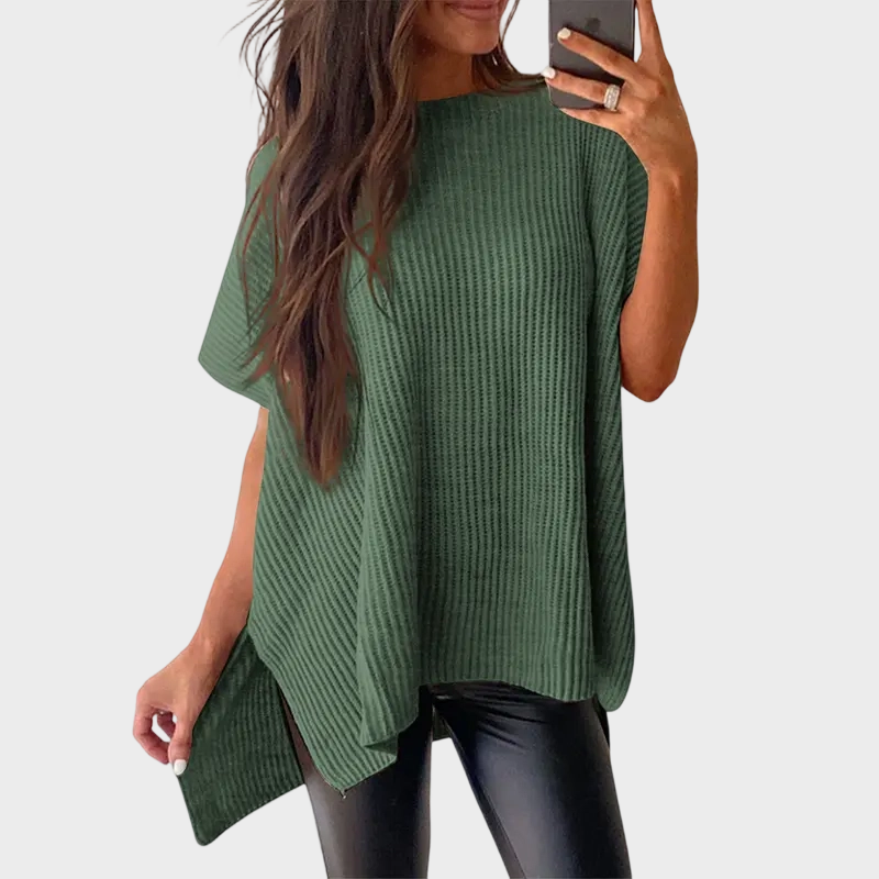 Women's Oversized Puff Sleeve Knit Pullover Round Neck Side Slit Casual