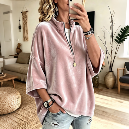 Women's Velvet Oversized Pullover Half Zip 3/4 Sleeve