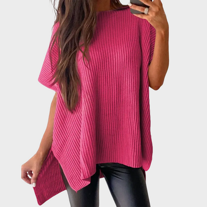 Women's Oversized Puff Sleeve Knit Pullover Round Neck Side Slit Casual