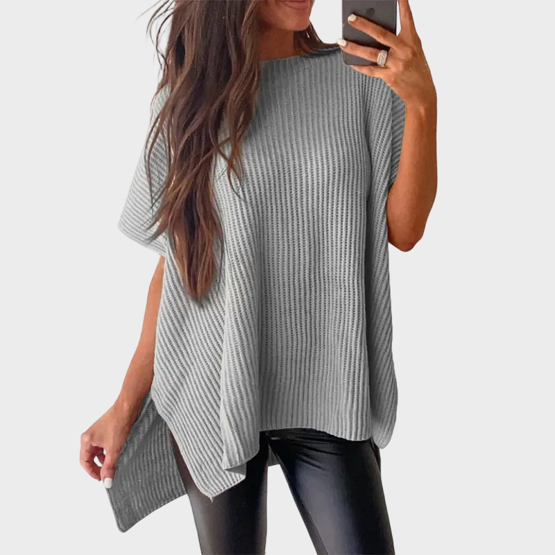 Women's Oversized Puff Sleeve Knit Pullover Round Neck Side Slit Casual