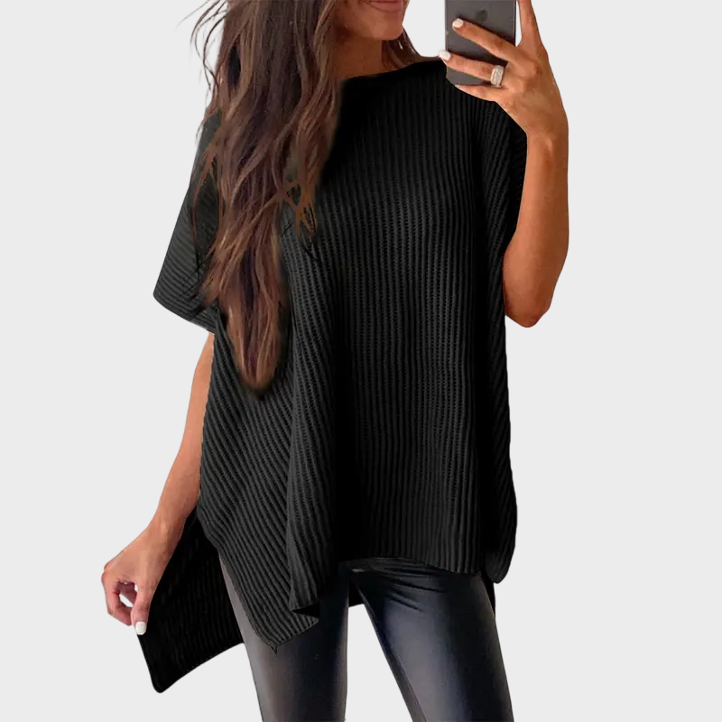 Women's Oversized Puff Sleeve Knit Pullover Round Neck Side Slit Casual