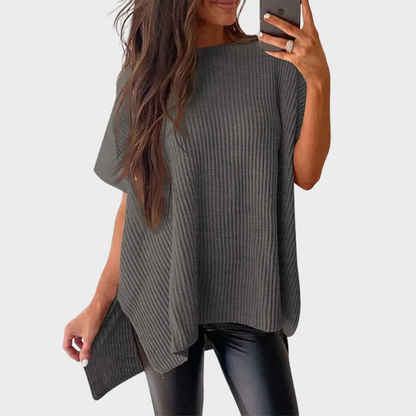 Women's Oversized Puff Sleeve Knit Pullover Round Neck Side Slit Casual