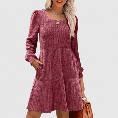 Women's Square Neck Long Sleeve Fall Babydoll Sweater Dress