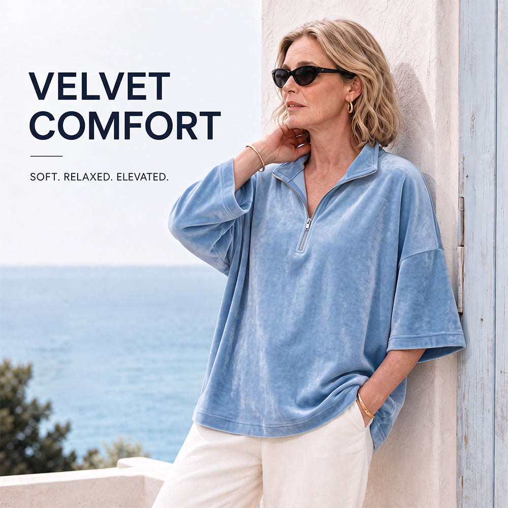Women's Velvet Oversized Pullover Half Zip 3/4 Sleeve