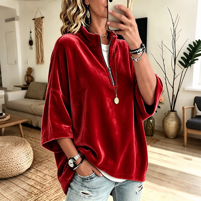 Women's Velvet Oversized Pullover Half Zip 3/4 Sleeve