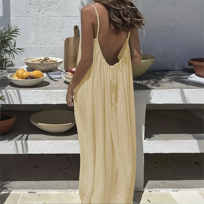 Solid Color Shirred Backless Spaghetti Strap Maxi Dress