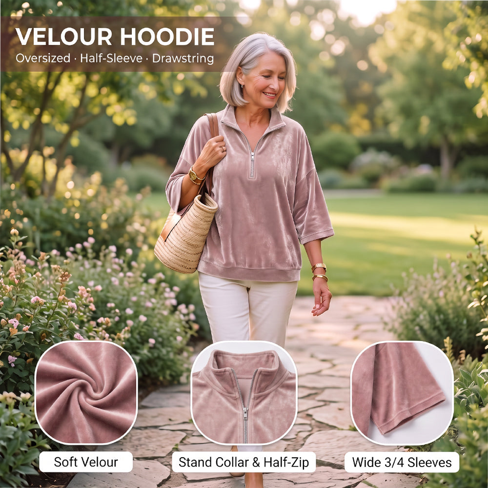 Women's Velvet Oversized Pullover Half Zip 3/4 Sleeve
