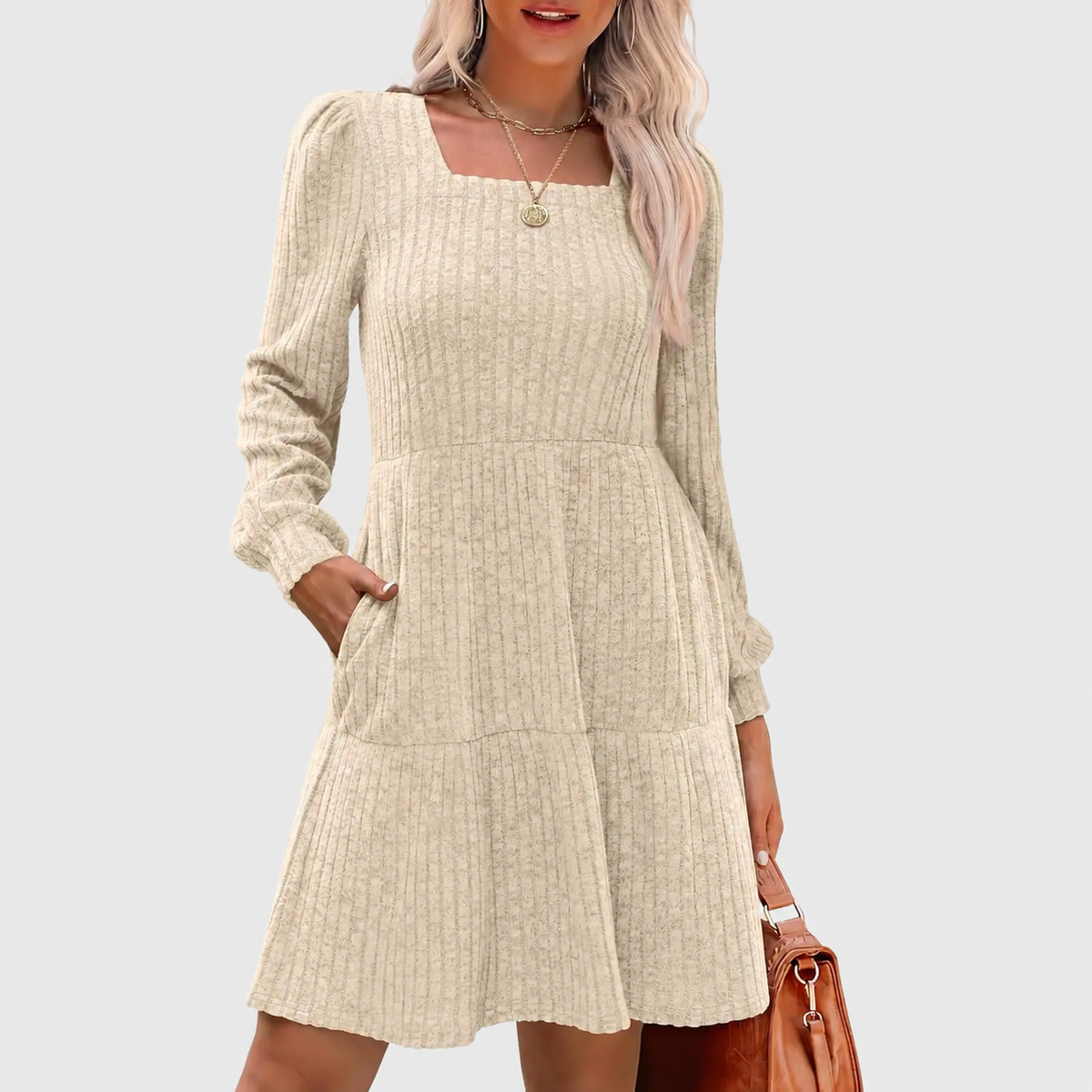 Women's Square Neck Long Sleeve Fall Babydoll Sweater Dress