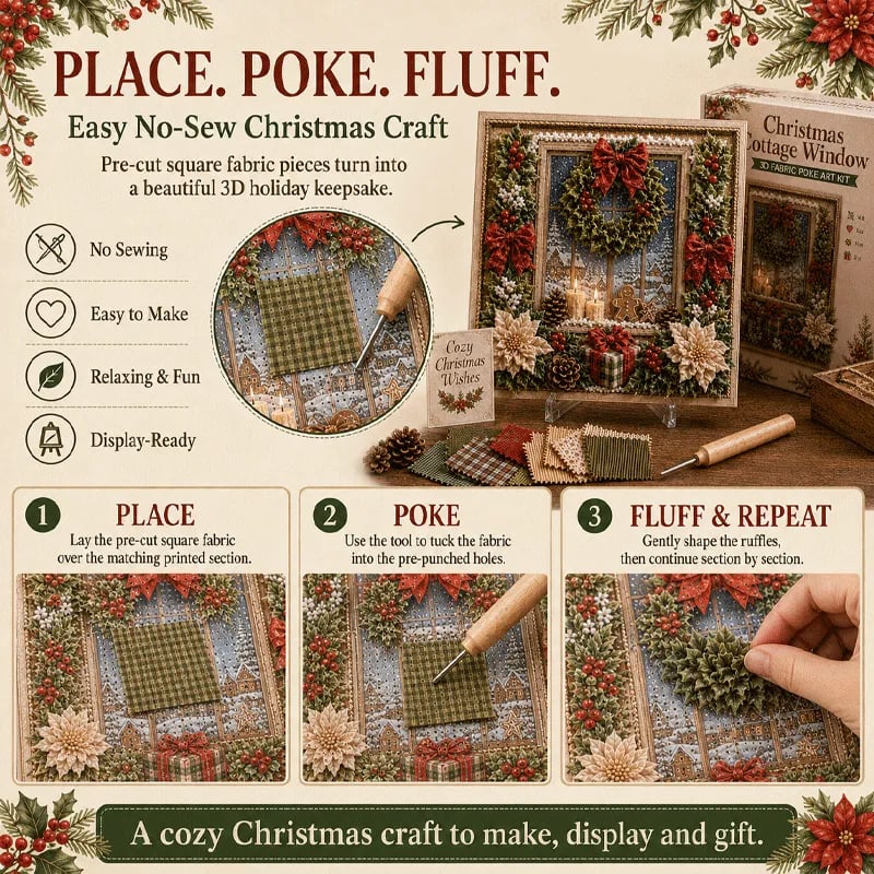 🔥🎄🧵 Premium 3D Christmas Fabric Poke Art Kit | No-Sew Holiday Craft with Pre-Punched Board, Fabric Squares & Display Stand 🎅✨