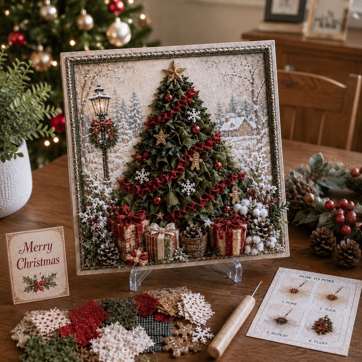 🔥🎄🧵 Premium 3D Christmas Fabric Poke Art Kit | No-Sew Holiday Craft with Pre-Punched Board, Fabric Squares & Display Stand 🎅✨
