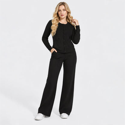 Women's Casual Knit Sweater Set Round Neck Wide Leg Pants