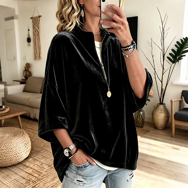 Women's Velvet Oversized Pullover Half Zip 3/4 Sleeve