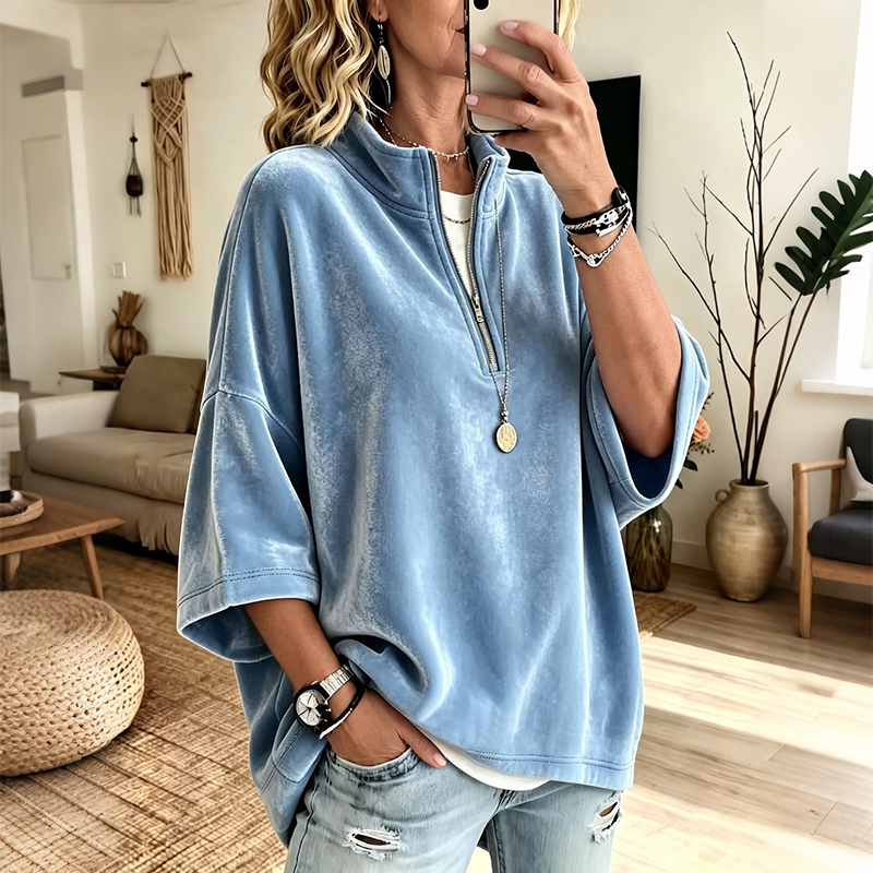 Women's Velvet Oversized Pullover Half Zip 3/4 Sleeve