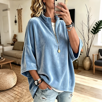 Women's Velvet Oversized Pullover Half Zip 3/4 Sleeve