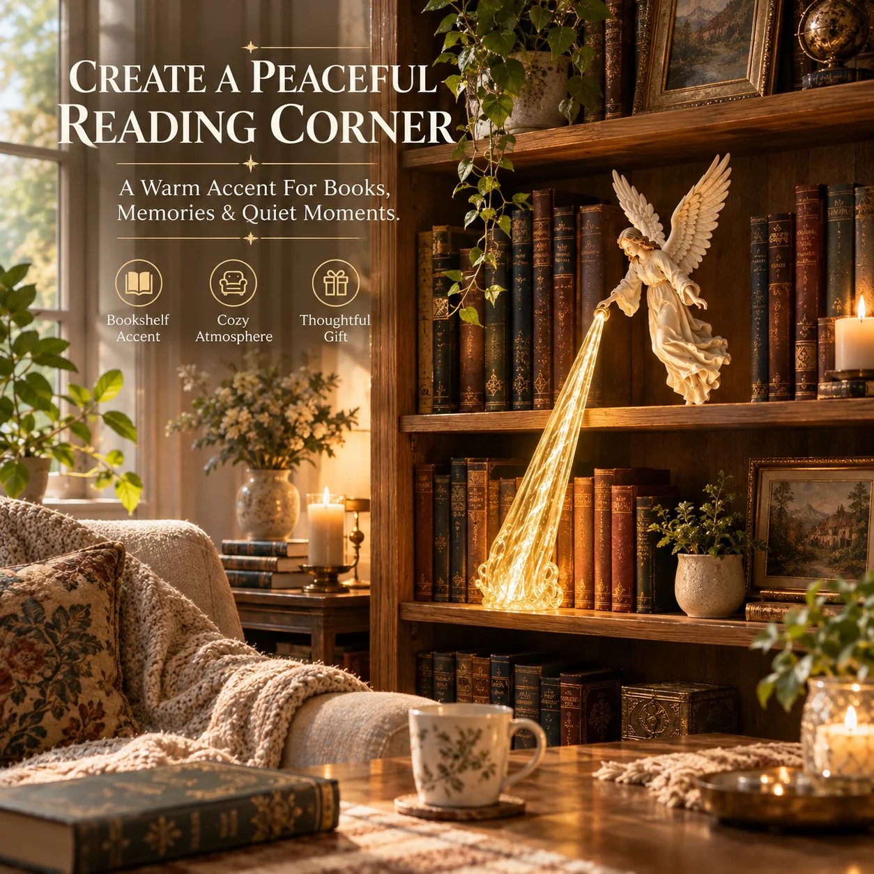 🕊️ Guardian Angel Bookshelf Light | Peaceful Angel Figurine with Warm Golden Beam for Reading Corners, Shelves & Meaningful Gifts ✨