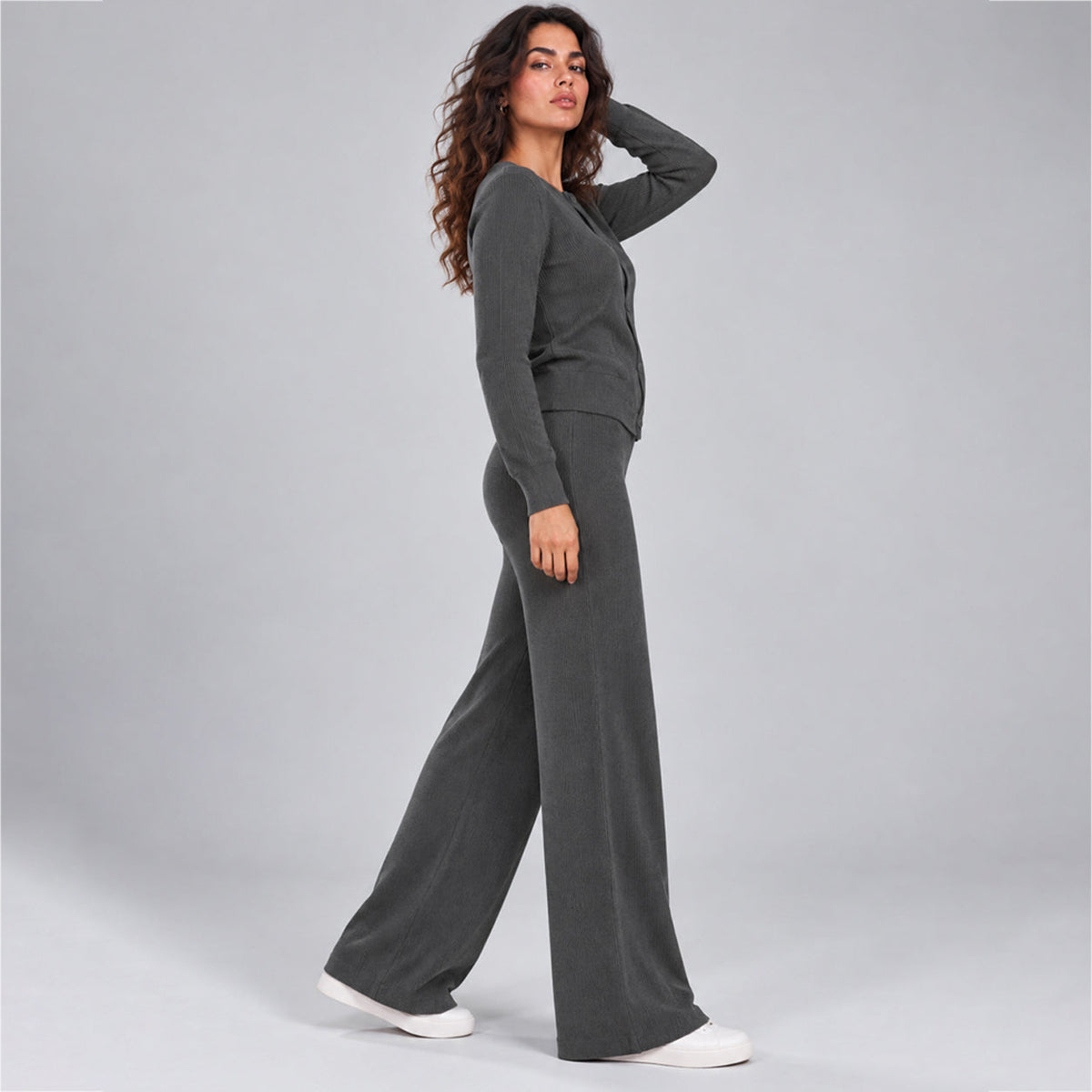 Women's Casual Knit Sweater Set Round Neck Wide Leg Pants