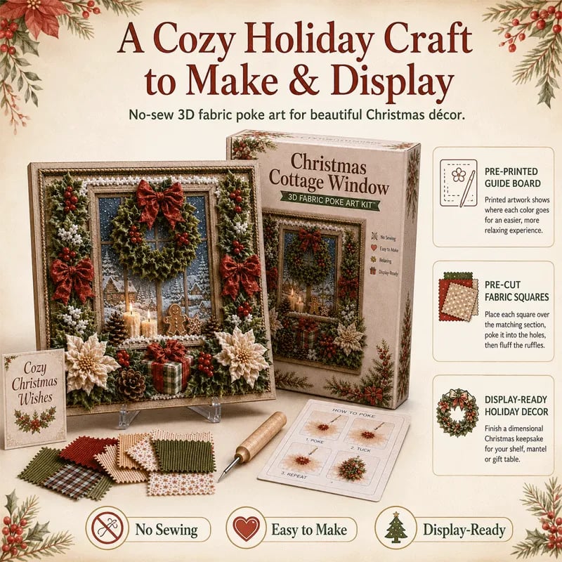🔥🎄🧵 Premium 3D Christmas Fabric Poke Art Kit | No-Sew Holiday Craft with Pre-Punched Board, Fabric Squares & Display Stand 🎅✨