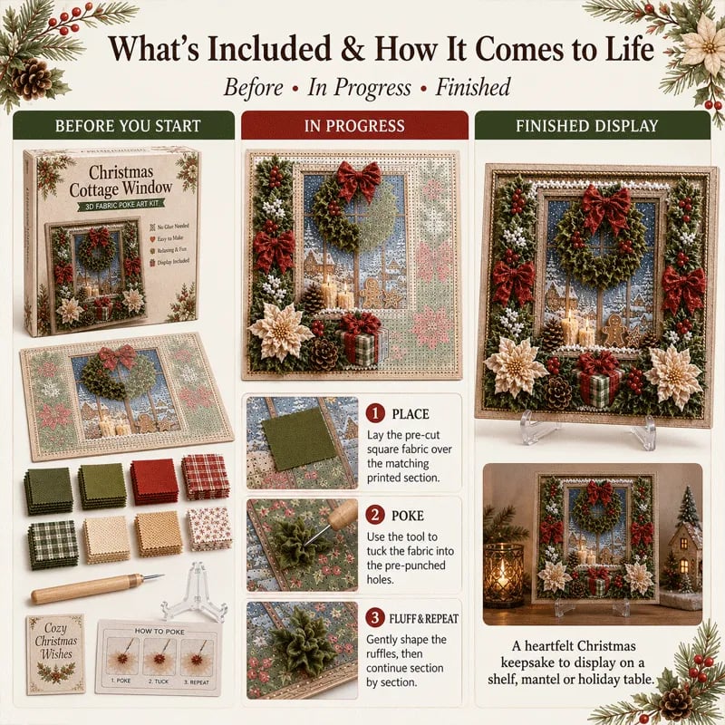 🔥🎄🧵 Premium 3D Christmas Fabric Poke Art Kit | No-Sew Holiday Craft with Pre-Punched Board, Fabric Squares & Display Stand 🎅✨