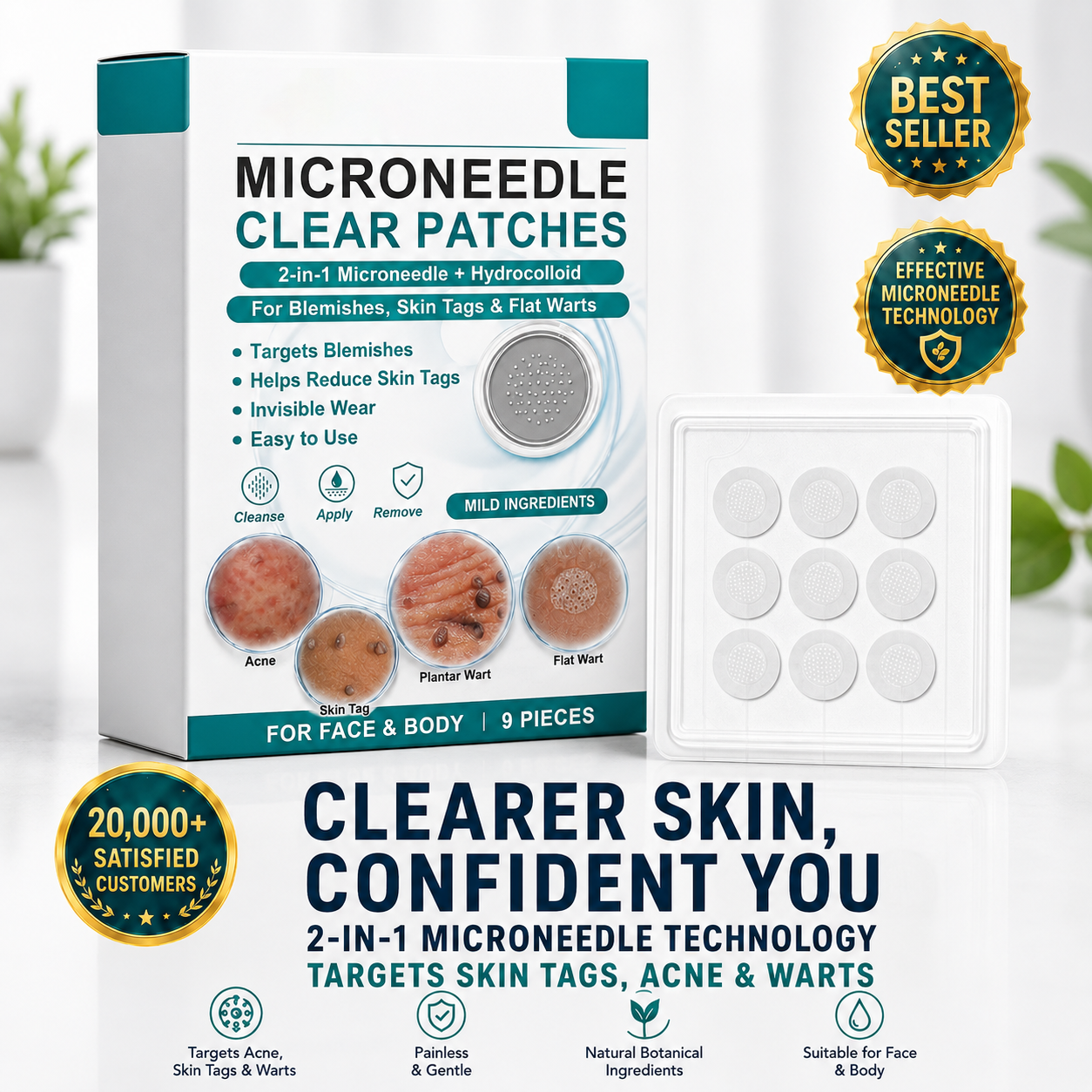 tryskintle® 2-in-1 Microneedle & Hydrocolloid Patch 🌿 Invisible Face & Body Patches for Raised Moles, Acne, Flat Warts & Skin Tags - Helps Improve the Appearance of Wrinkles, Scars & Blemishes