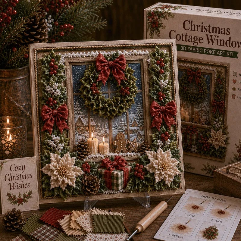🔥🎄🧵 Premium 3D Christmas Fabric Poke Art Kit | No-Sew Holiday Craft with Pre-Punched Board, Fabric Squares & Display Stand 🎅✨