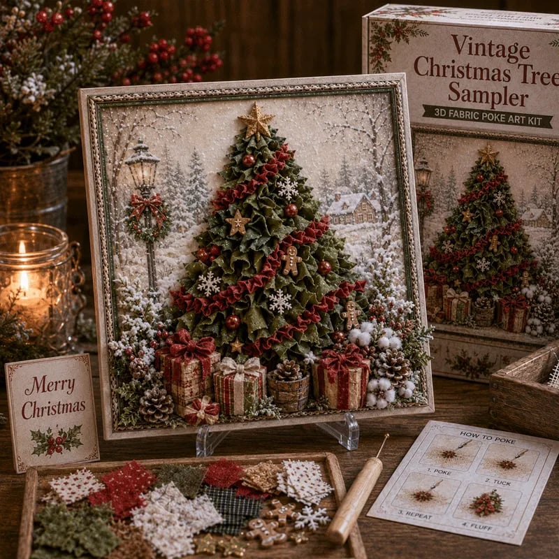 🔥🎄🧵 Premium 3D Christmas Fabric Poke Art Kit | No-Sew Holiday Craft with Pre-Punched Board, Fabric Squares & Display Stand 🎅✨