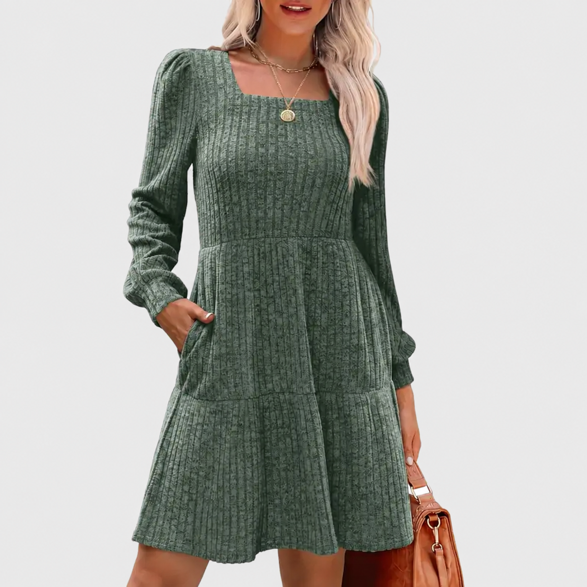 Women's Square Neck Long Sleeve Fall Babydoll Sweater Dress