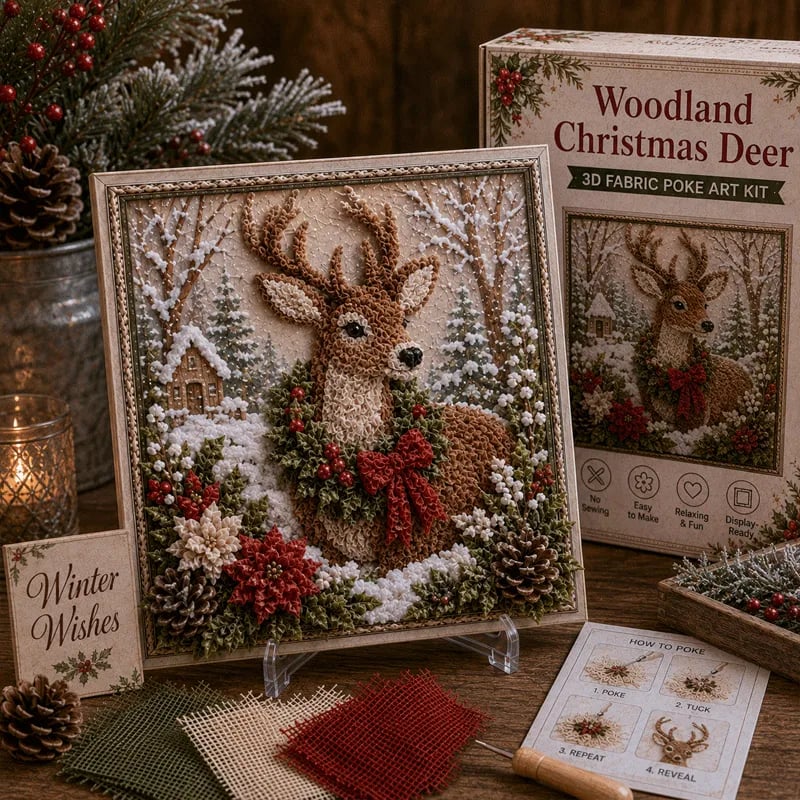 🔥🎄🧵 Premium 3D Christmas Fabric Poke Art Kit | No-Sew Holiday Craft with Pre-Punched Board, Fabric Squares & Display Stand 🎅✨