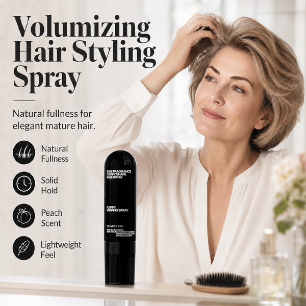 Fluffy volumizing hair spray with peach scent and lightweight hold