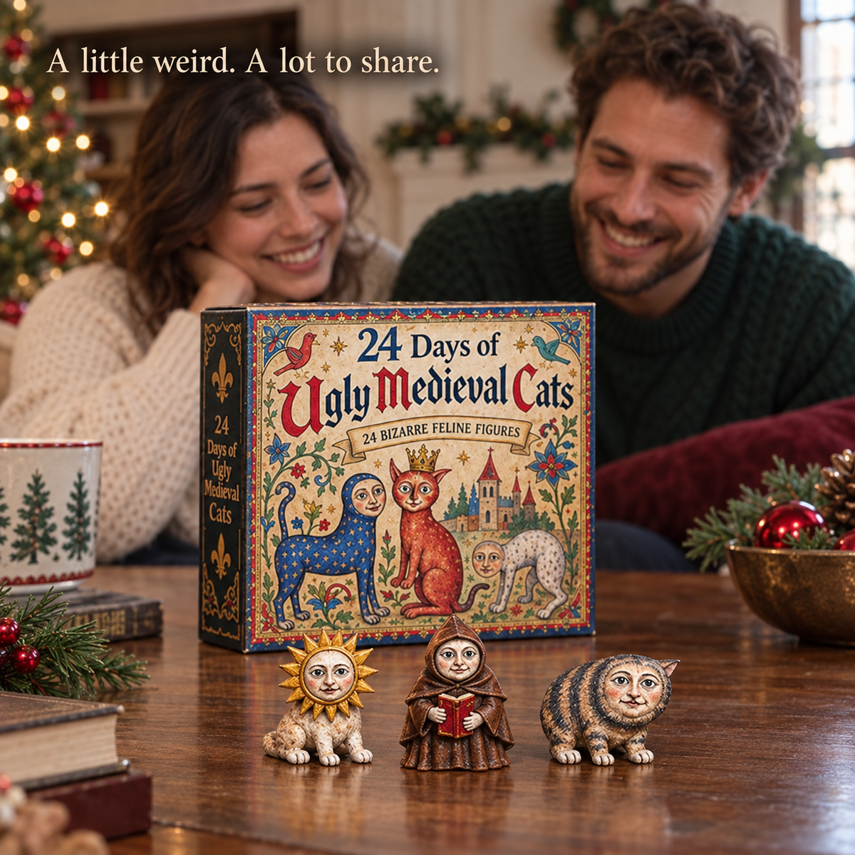 Two adults sharing the medieval cat countdown collection at a table
