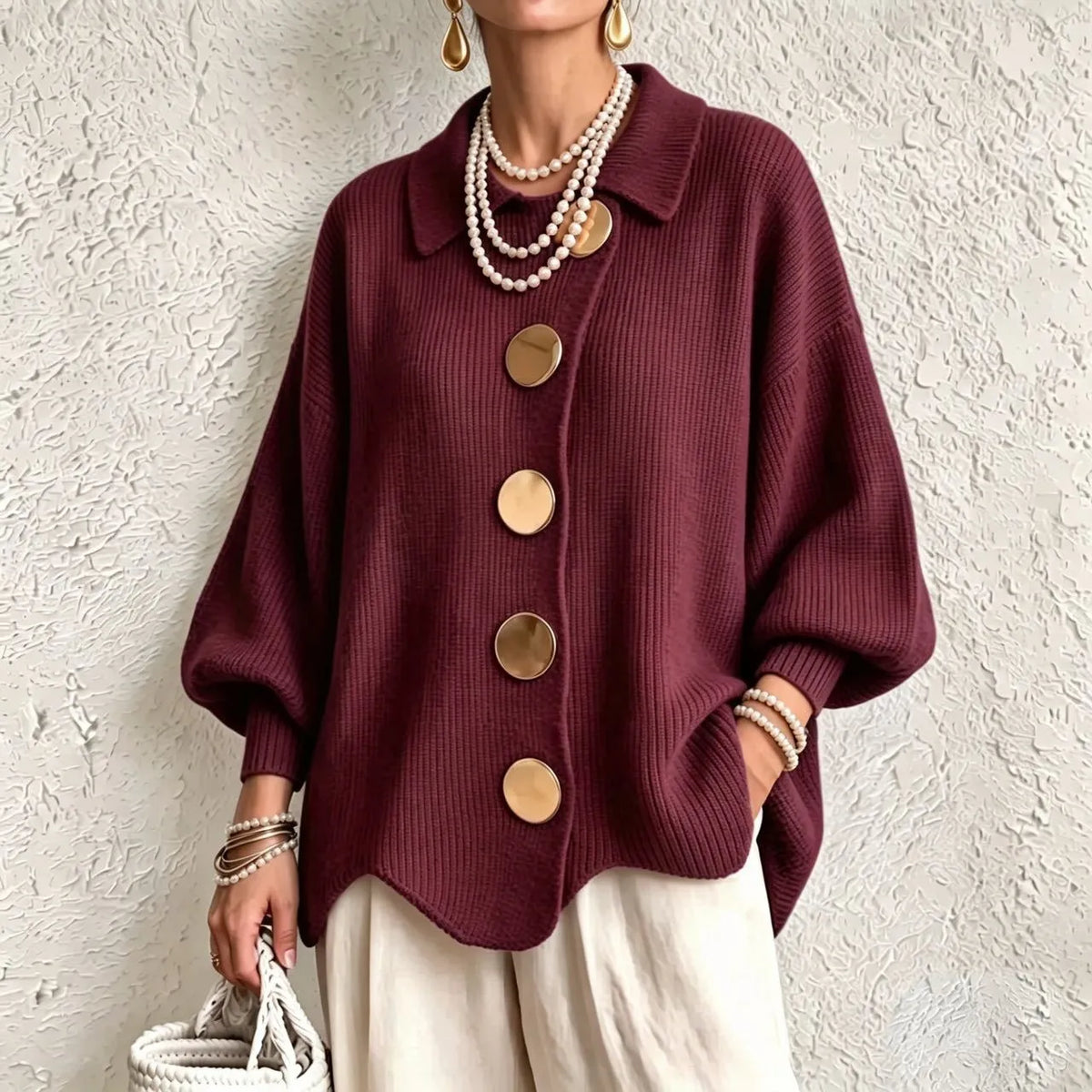 Women's French Knit Cardigan Metal Buttons Irregular Hem