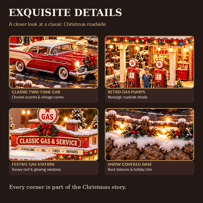 Classic two tone car retro gas pumps festive station and snowy base details