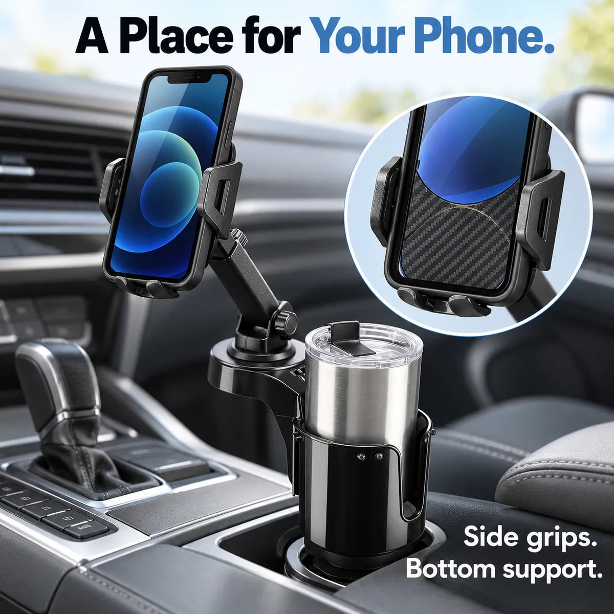 🚗 2-in-1 Car Cup Holder Expander with Adjustable Phone Mount – Handle-Friendly Tumbler Holder 📱🥤