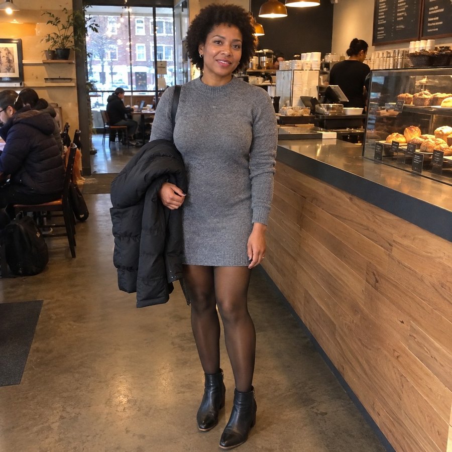 A woman in a dress and tights at a cafe