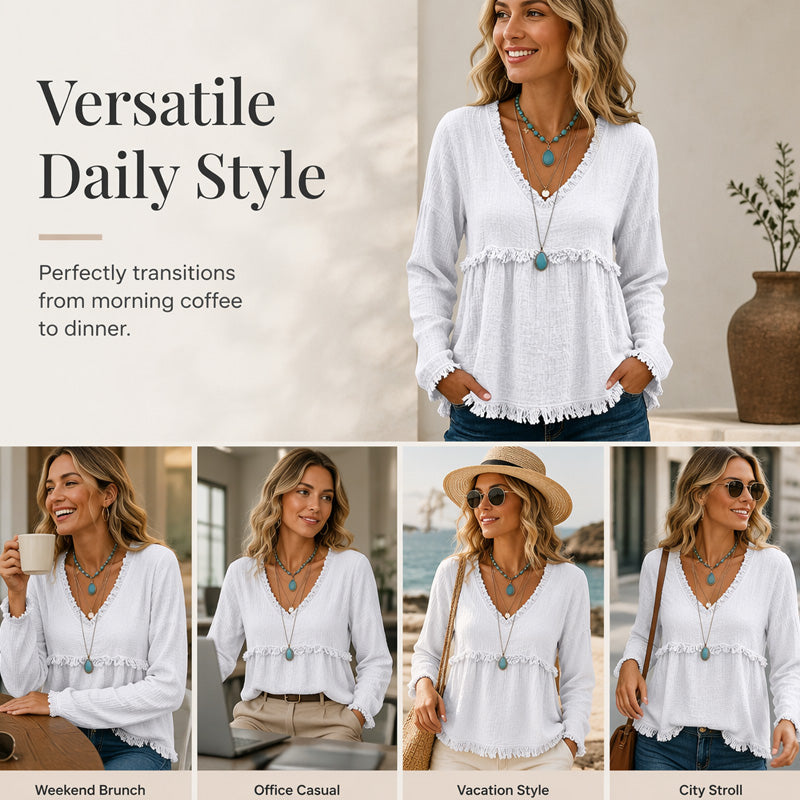 Women’s Boho V Neck Long Sleeve Fringe Top