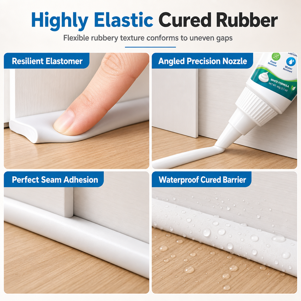 Close-up views of the soft cured seal, angled nozzle, and gel applied along a seam